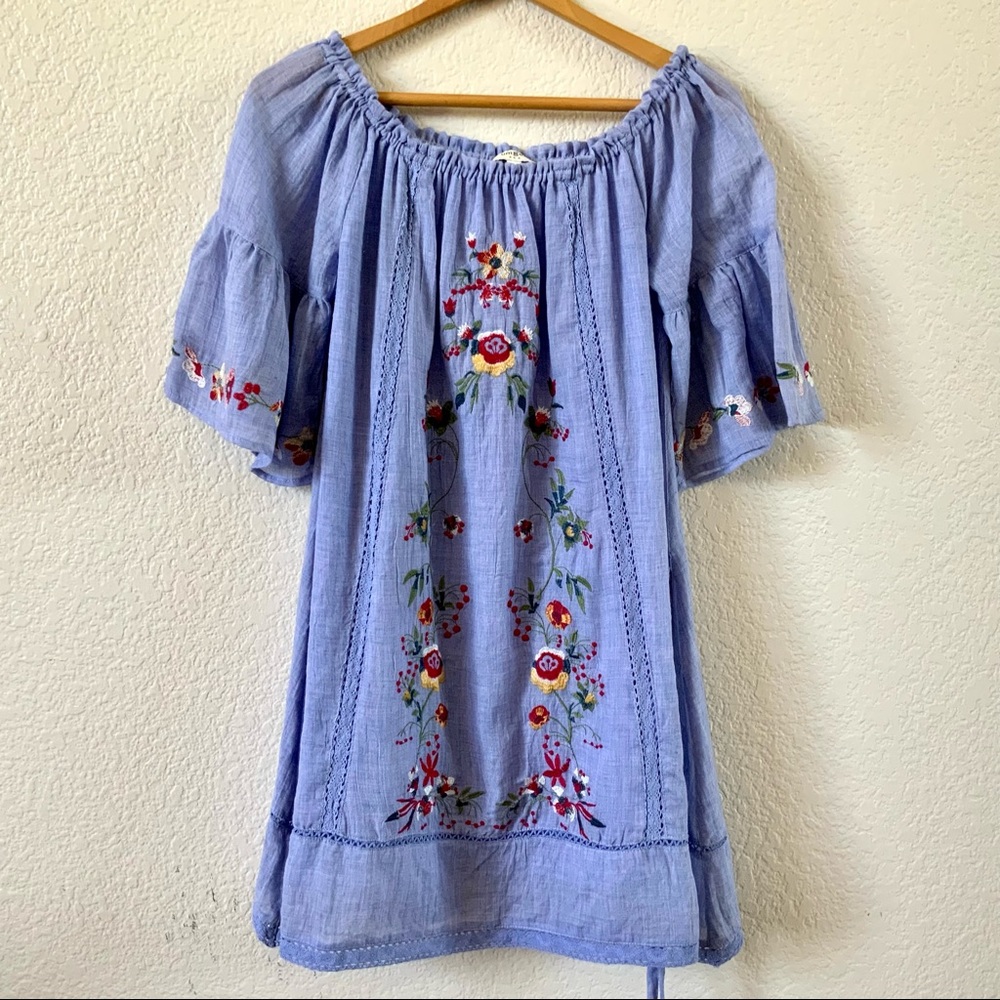 Umgee Blue Boho Peasant Dress with Colorful Embroidered Flowers, Sz S